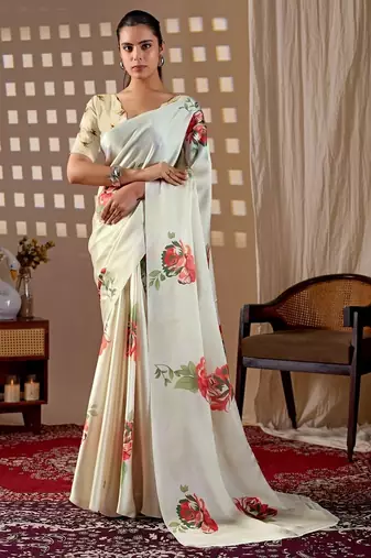 Elegant Off White Floral Print Saree for Women