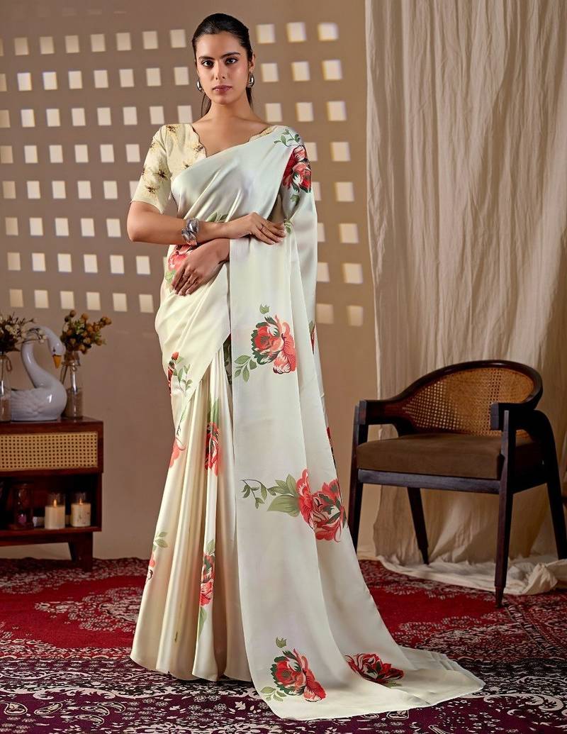 Elegant Off White Floral Print Saree for Women