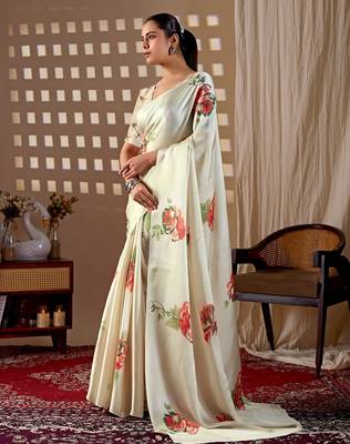 Elegant Off White Floral Print Saree for Women 2