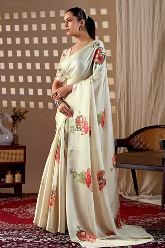 Elegant Off White Floral Print Saree for Women