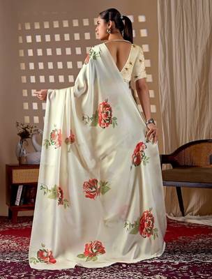 Elegant Off White Floral Print Saree for Women 3