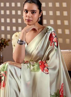 Elegant Off White Floral Print Saree for Women 4