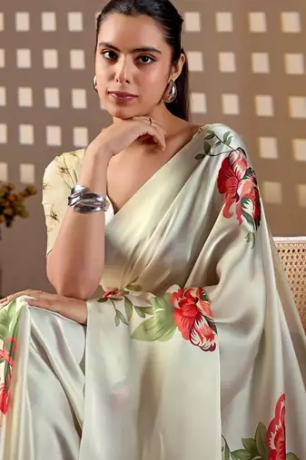 Elegant Off White Floral Print Saree for Women