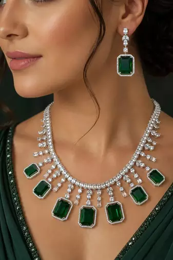 Emerald Green Crystal Bridal Jewelry Set, Silver Wedding Necklace Earrings