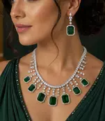 Emerald Green Crystal Bridal Jewelry Set, Silver Wedding Necklace Earrings