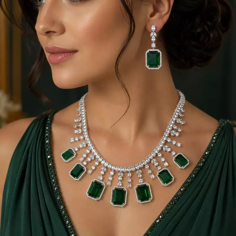 Emerald Green Crystal Bridal Jewelry Set, Silver Wedding Necklace Earrings