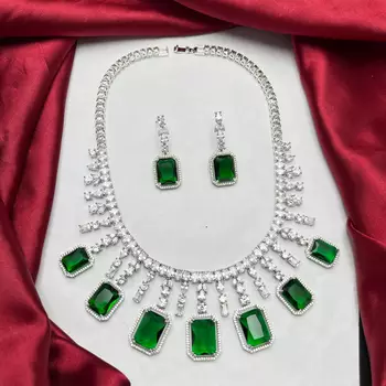 Emerald Green Crystal Bridal Jewelry Set, Silver Wedding Necklace Earrings 2