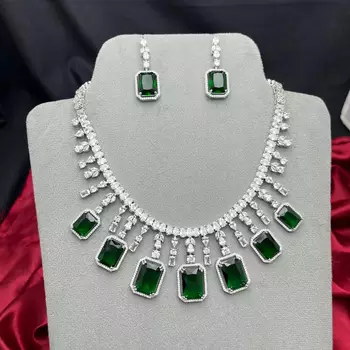 Emerald Green Crystal Bridal Jewelry Set, Silver Wedding Necklace Earrings 3