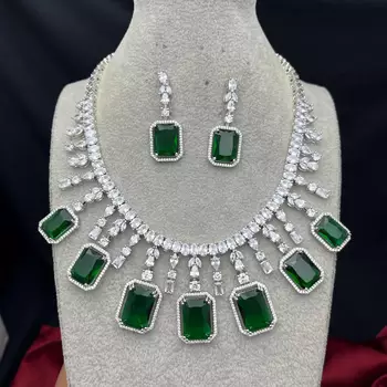 Emerald Green Crystal Bridal Jewelry Set, Silver Wedding Necklace Earrings 4