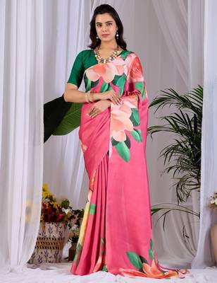 Elegant Pink Floral Print Saree for Women 1