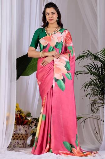 Elegant Pink Floral Print Saree for Women