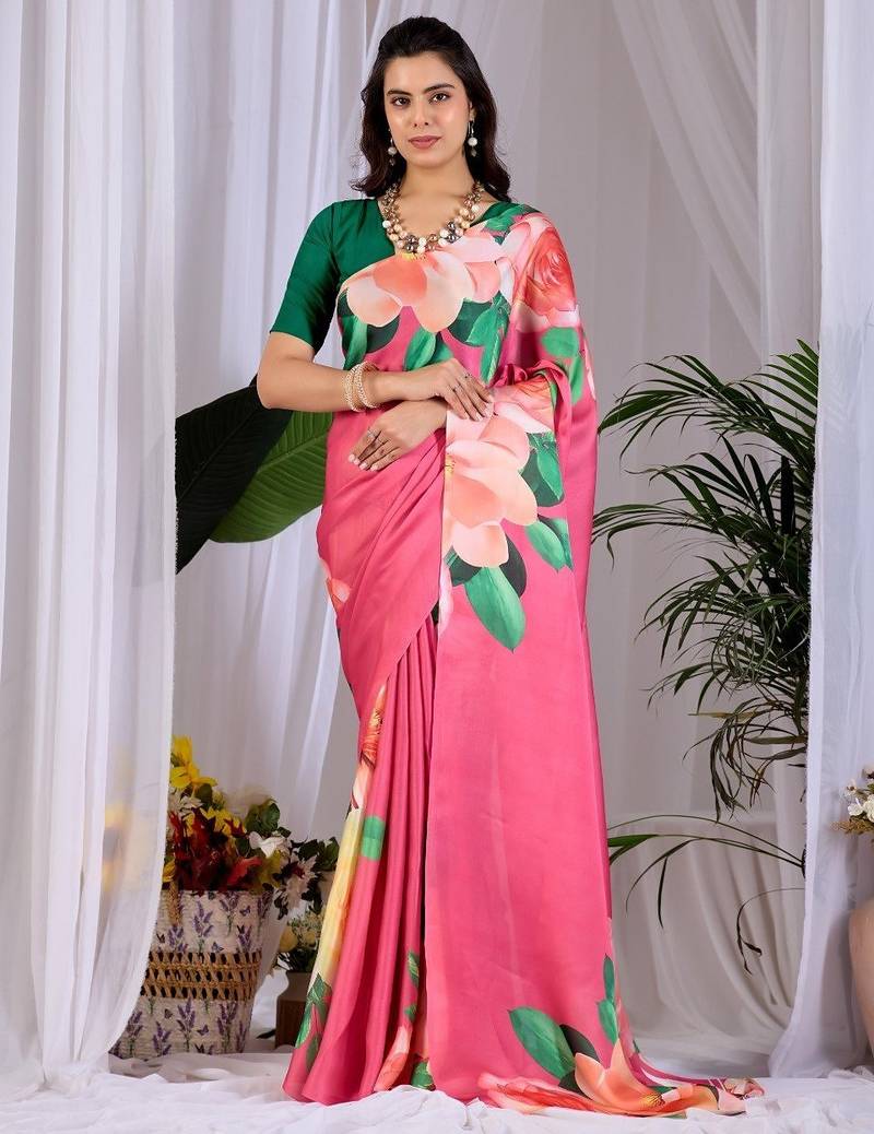 Elegant Pink Floral Print Saree for Women