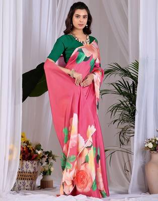 Elegant Pink Floral Print Saree for Women 2