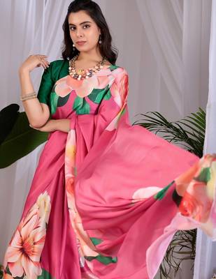 Elegant Pink Floral Print Saree for Women 4