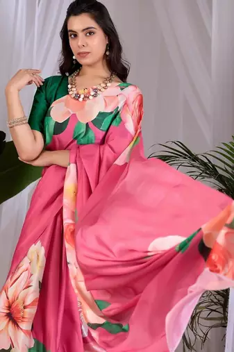 Elegant Pink Floral Print Saree for Women
