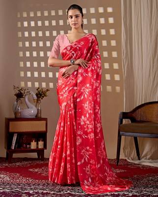 Elegant Red Floral Print Saree for Women 1