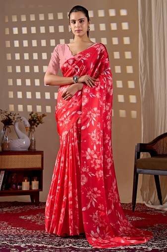 Elegant Red Floral Print Saree for Women