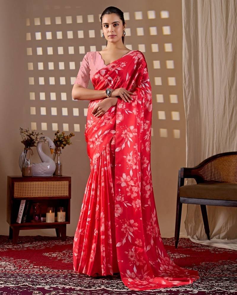 Elegant Red Floral Print Saree for Women