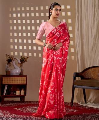 Elegant Red Floral Print Saree for Women 2