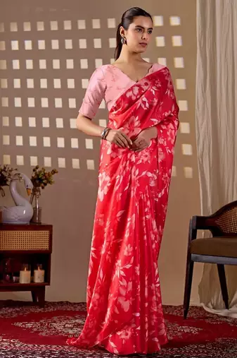 Elegant Red Floral Print Saree for Women