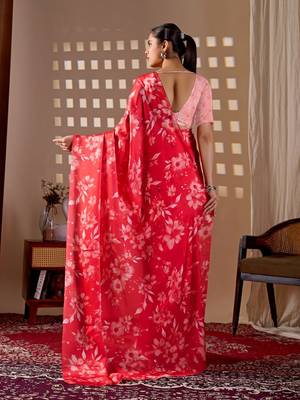 Elegant Red Floral Print Saree for Women 3