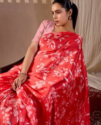 Elegant Red Floral Print Saree for Women 4