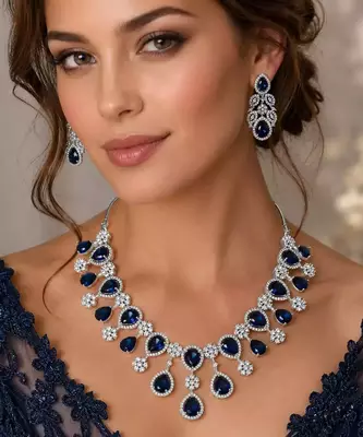 Royal Blue Pear Cut Crystal Bridal Necklace Earrings Set, Silver Wedding Choker Pageant Prom 1