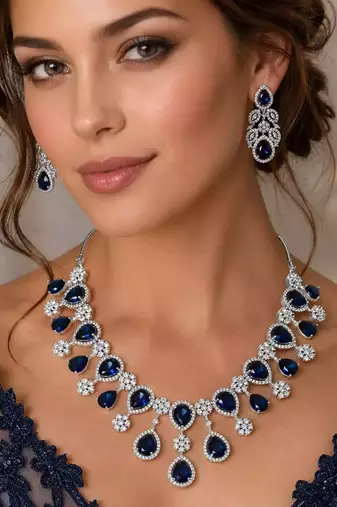 Royal Blue Pear Cut Crystal Bridal Necklace Earrings Set, Silver Wedding Choker Pageant Prom