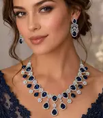 Royal Blue Pear Cut Crystal Bridal Necklace Earrings Set, Silver Wedding Choker Pageant Prom