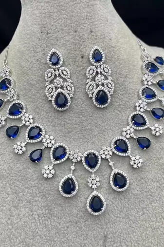 Royal Blue Pear Cut Crystal Bridal Necklace Earrings Set, Silver Wedding Choker Pageant Prom