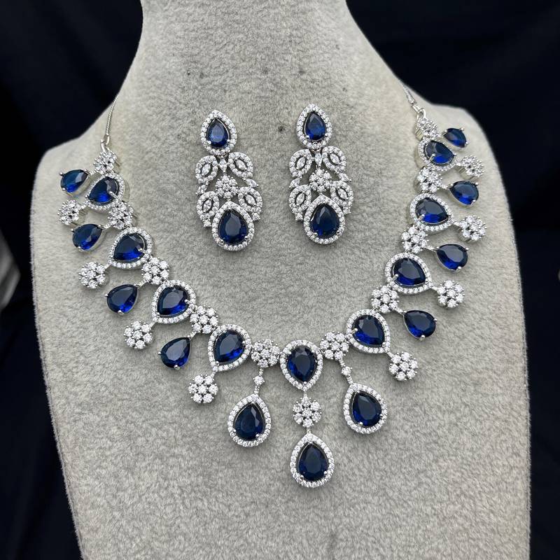 Royal Blue Pear Cut Crystal Bridal Necklace Earrings Set, Silver Wedding Choker Pageant Prom