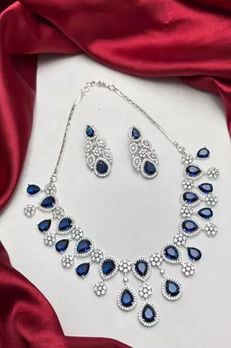 Royal Blue Pear Cut Crystal Bridal Necklace Earrings Set, Silver Wedding Choker Pageant Prom
