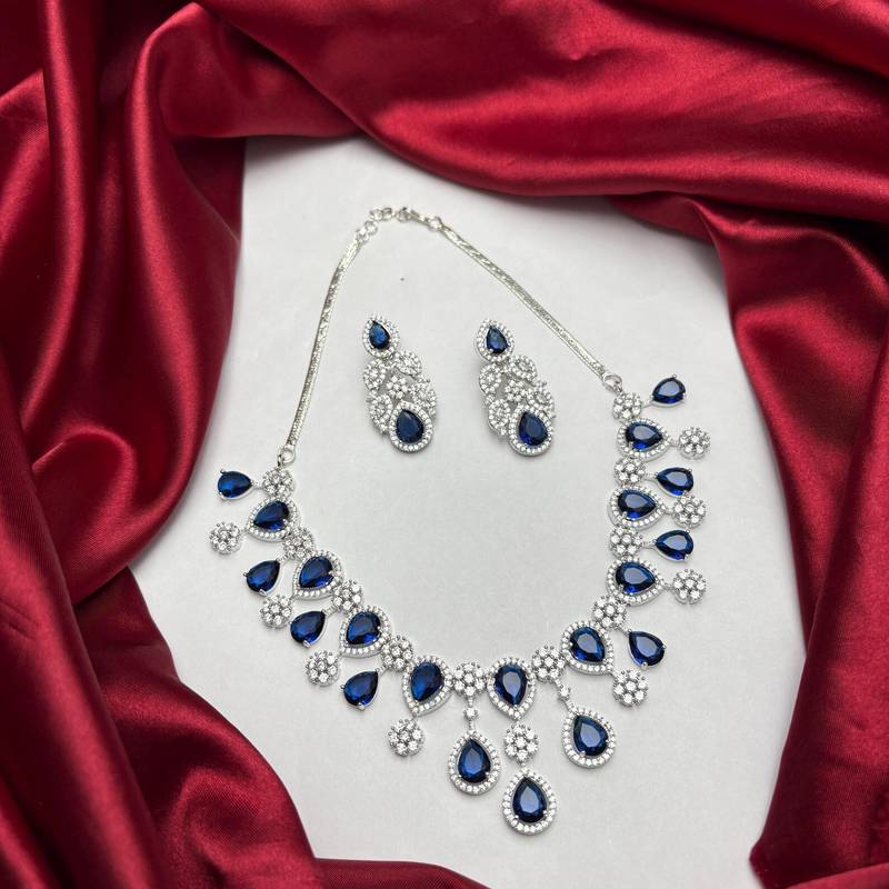 Royal Blue Pear Cut Crystal Bridal Necklace Earrings Set, Silver Wedding Choker Pageant Prom