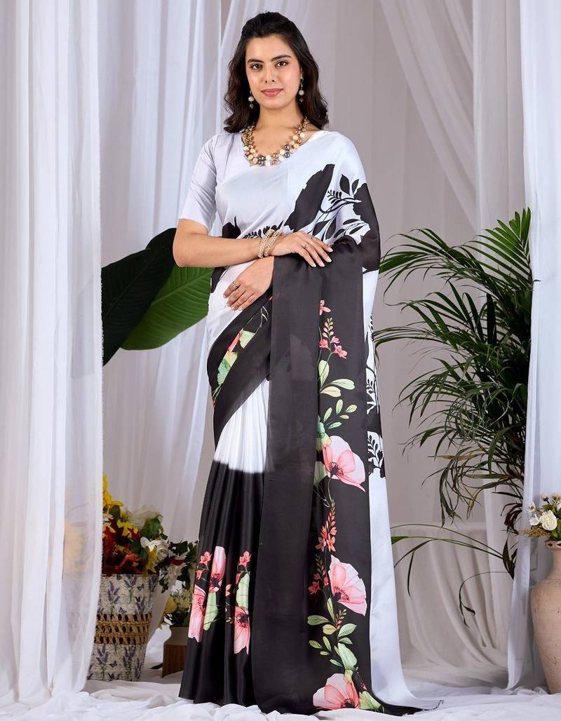 Elegant Black Floral Print Saree for Women