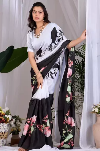 Elegant Black Floral Print Saree for Women