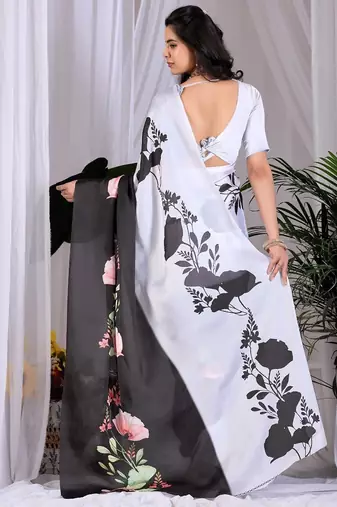 Elegant Black Floral Print Saree for Women