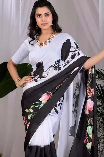 Elegant Black Floral Print Saree for Women