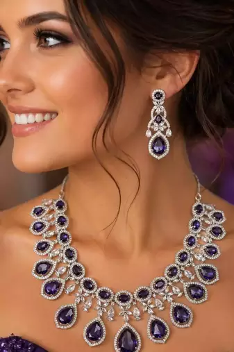 Amethyst Purple Bridal Jewelry Set: Silver Teardrop Crystal Necklace, Earrings, Maang Tikka