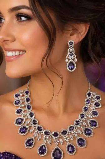 Amethyst Purple Bridal Jewelry Set: Silver Teardrop Crystal Necklace, Earrings, Maang Tikka