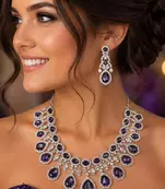 Amethyst Purple Bridal Jewelry Set: Silver Teardrop Crystal Necklace, Earrings, Maang Tikka