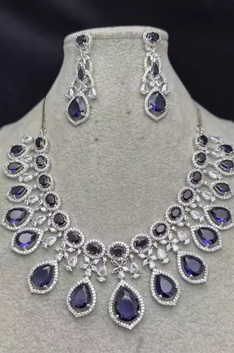 Amethyst Purple Bridal Jewelry Set: Silver Teardrop Crystal Necklace, Earrings, Maang Tikka