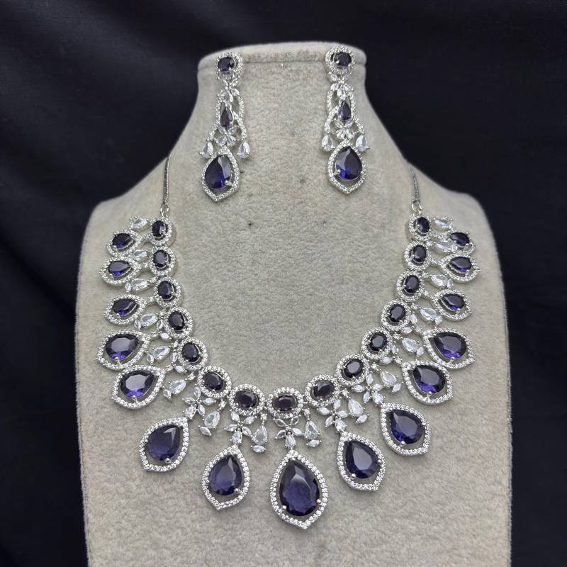 Amethyst Purple Bridal Jewelry Set: Silver Teardrop Crystal Necklace, Earrings, Maang Tikka