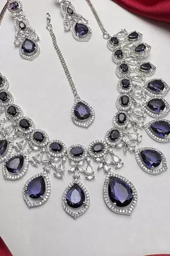 Amethyst Purple Bridal Jewelry Set: Silver Teardrop Crystal Necklace, Earrings, Maang Tikka