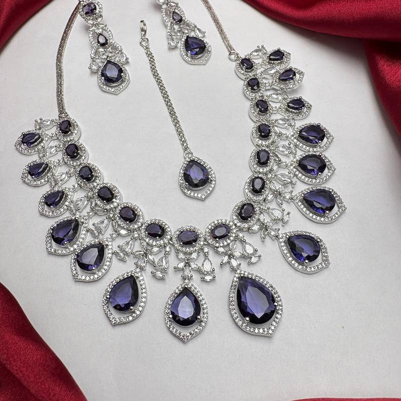Amethyst Purple Bridal Jewelry Set: Silver Teardrop Crystal Necklace, Earrings, Maang Tikka