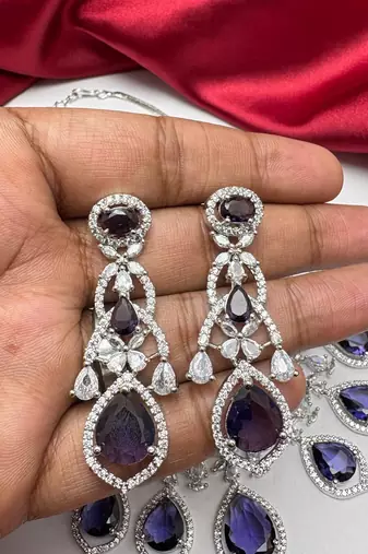 Amethyst Purple Bridal Jewelry Set: Silver Teardrop Crystal Necklace, Earrings, Maang Tikka
