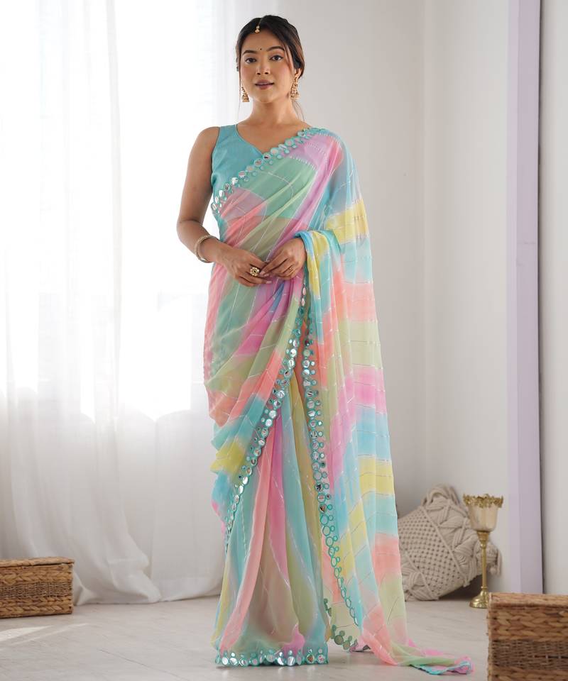 sky blue  georgette foil print  saree