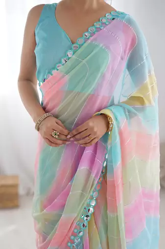 sky blue  georgette foil print  saree