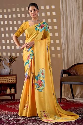 Elegant Yellow Floral Print Saree for Women