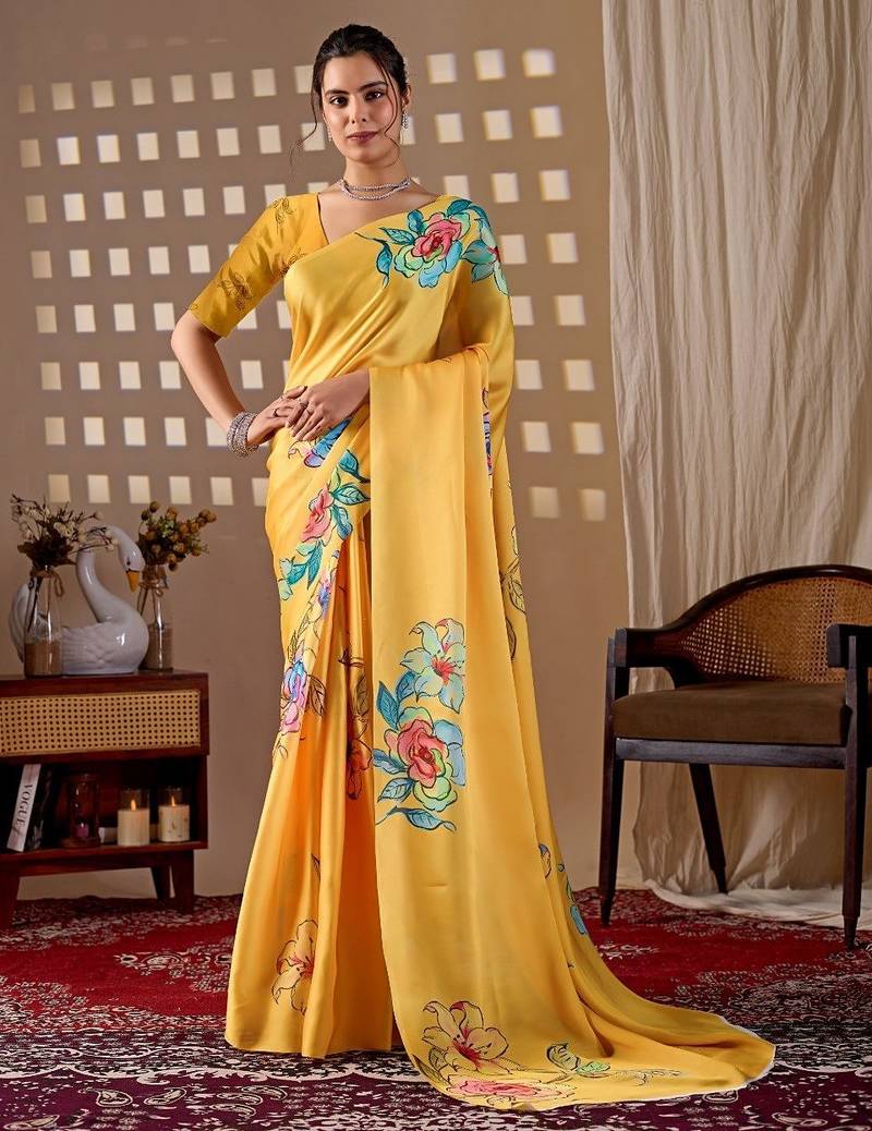 Elegant Yellow Floral Print Saree for Women