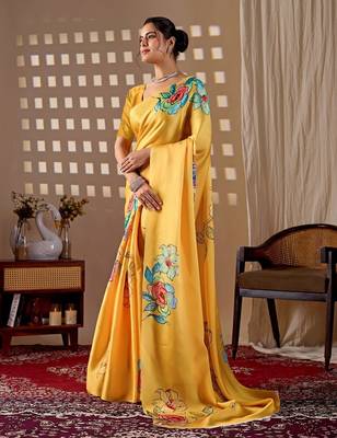 Elegant Yellow Floral Print Saree for Women 2